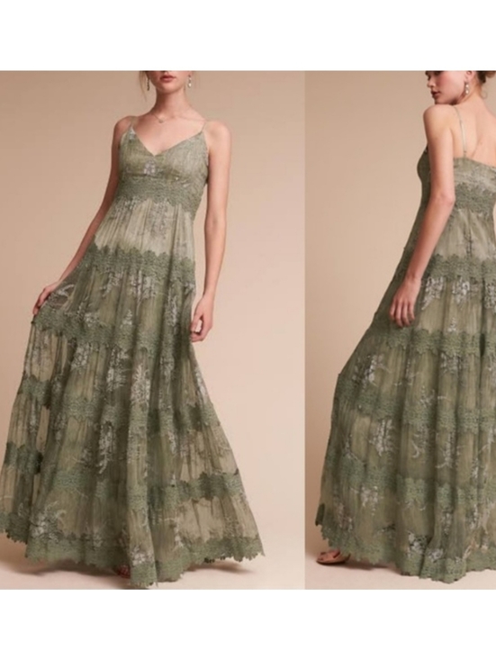 Anthropologie Dresses & Skirts - Anthropologie BHLDN Joni Silk Lace Maxi Dress Gown Green